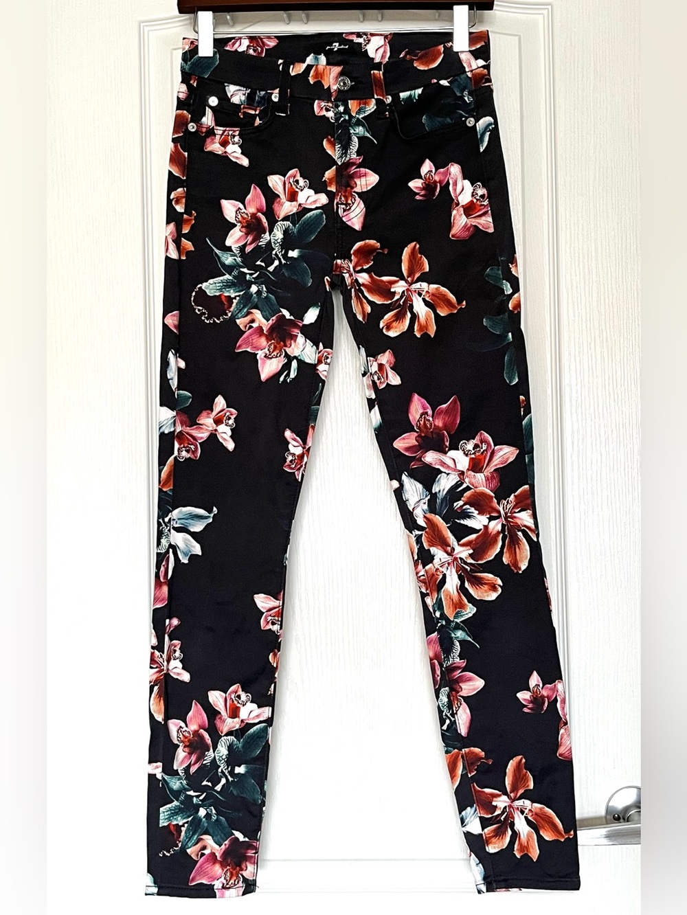 7 For All Mankind Ankle Skinny Jeans Tropical Orchid Floral Print Black Size 25